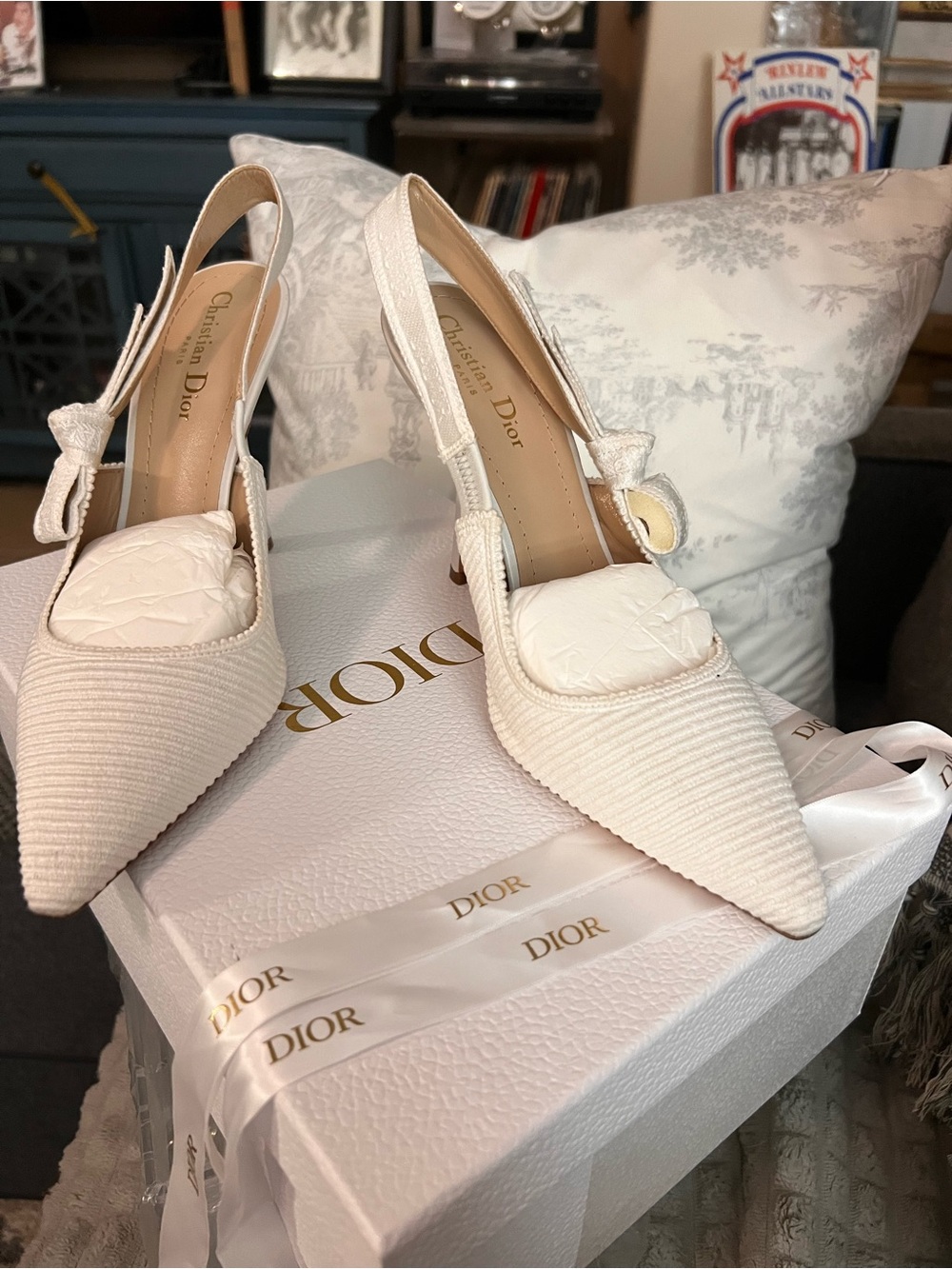 Dior White/Cream Pointed-Toe Slingback Fabric Heels w/ J’Adior Bow 10.5; 4” heel